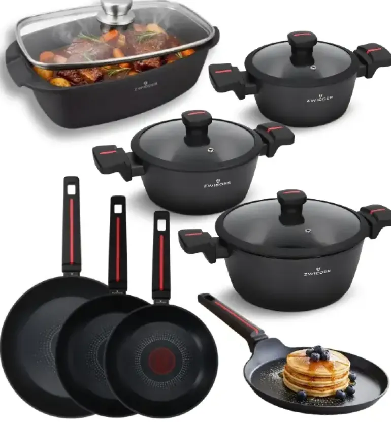 ZWIEGER RED LINE Komplet garnków z pokrywkami 18, 20, 24 cm + Patelnie 20, 24, 28 cm + Patelnia do naleśników 24 cm + Brytfanna 33 cm
