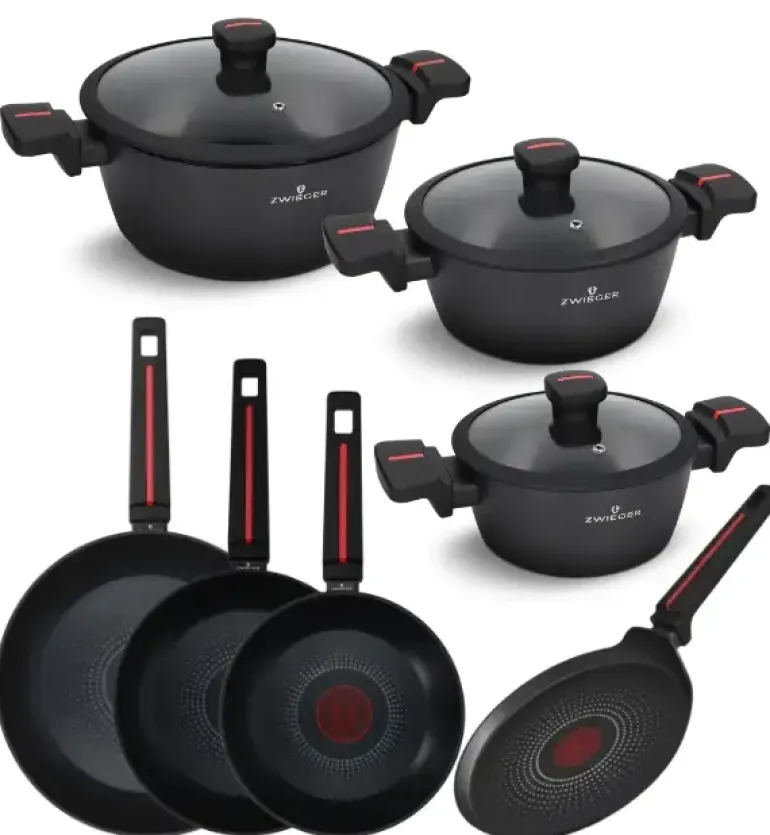 ZWIEGER RED LINE Komplet garnków z pokrywkami 18, 20, 24 cm + Patelnie 20, 24, 28 cm + Patelnia do naleśników 24 cm + Brytfanna 33 cm