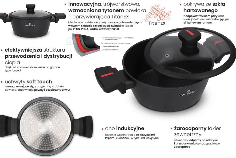 ZWIEGER RED LINE Komplet garnków z pokrywkami 18, 20, 24 cm + Patelnie 20, 24, 28 cm / powłoka TitanEX