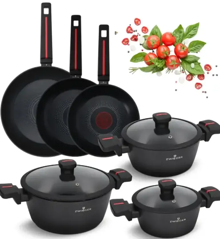 ZWIEGER RED LINE Komplet garnków z pokrywkami 18, 20, 24 cm + Patelnie 20, 24, 28 cm / powłoka TitanEX