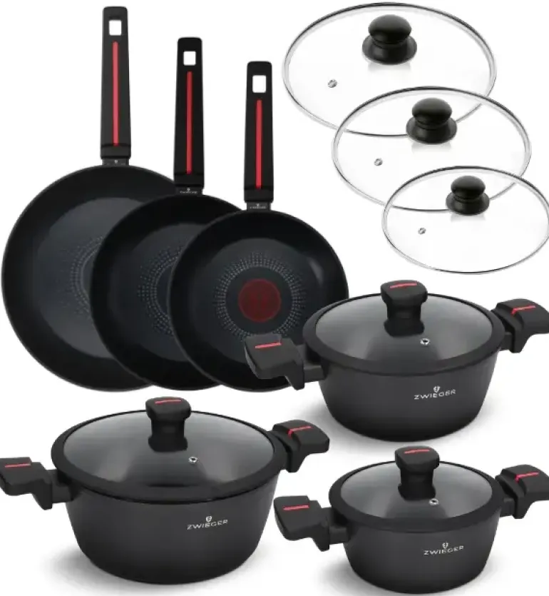 ZWIEGER RED LINE Komplet garnków z pokrywkami 18, 20, 24 cm + Patelnie 20, 24, 28 cm + Pokrywki szklane