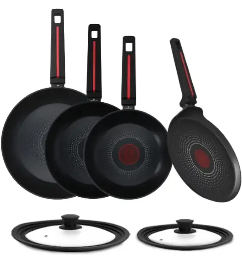 ZWIEGER RED LINE Komplet patelni 20, 24, 28 cm + Patelnia do naleśników 24 cm + pokrywki silikonowe
