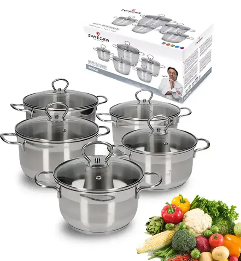 ZWIEGER ROCCA Komplet garnków z pokrywkami 10 el / stal nierdzewna + Patelnia 20, 28 cm