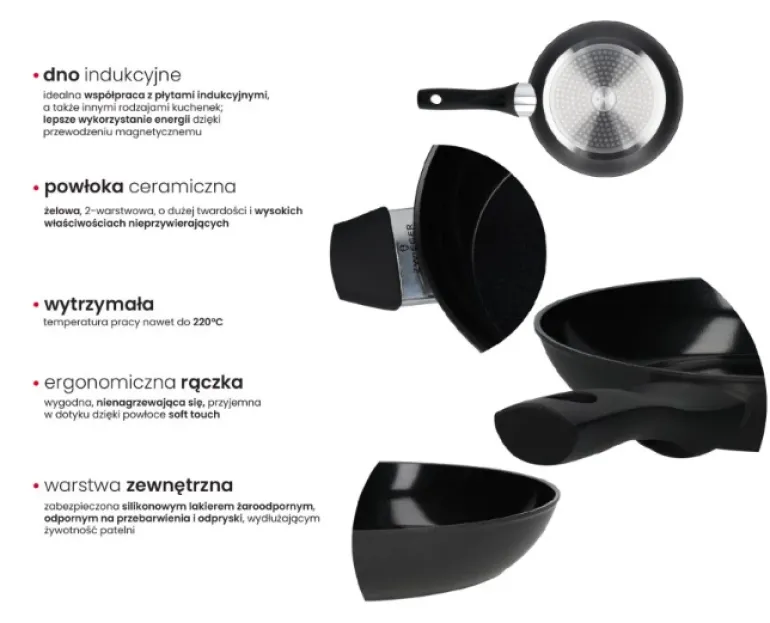 ZWIEGER ROCCA Komplet Patelnia 20, 24, 28 cm + pokrywki Zwieger | aluminium | powłoka ceramiczna | indukcja