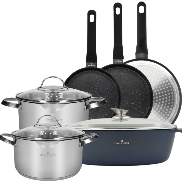 ZWIEGER VERON Komplet garnków z pokrywkami 22, 24 cm + 3 patelnie + Brytfanna / stal nierdzewna