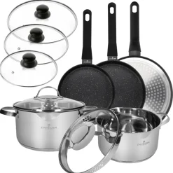 ZWIEGER VERON Komplet garnków z pokrywkami 22, 24 cm + 3 patelnie + pokrywki uni / stal nierdzewna