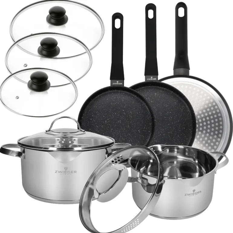 ZWIEGER VERON Komplet garnków z pokrywkami 22, 24 cm + 3 patelnie + pokrywki uni / stal nierdzewna