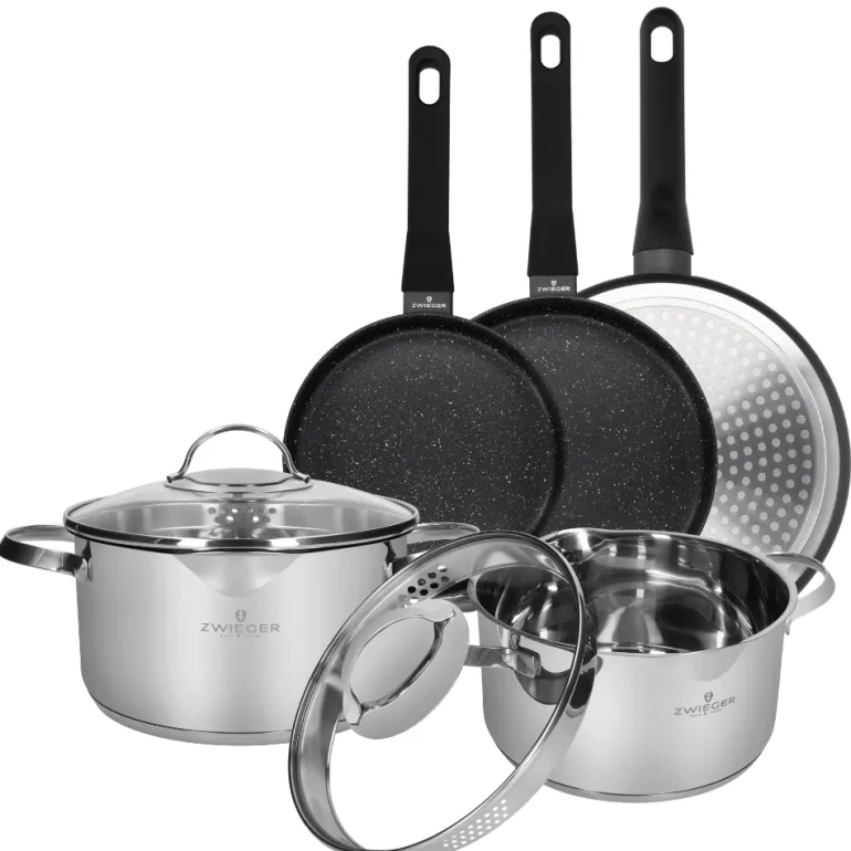 ZWIEGER VERON Komplet garnków z pokrywkami 22, 24 cm + patelnie 20, 24, 28 cm / stal nierdzewna