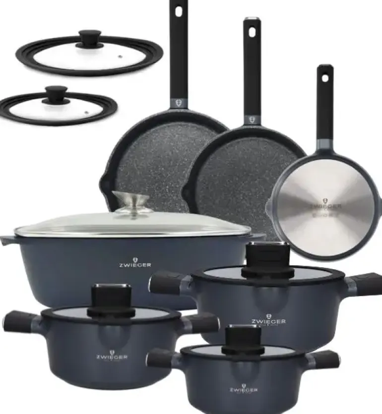 ZWIEGER VESNA Komplet garnków 6 el z pokrywkami 20, 24, 28 cm + Patelnie 20, 24, 28 cm + Brytfanna VERON + Pokrywki silikonowe KAIA HOME