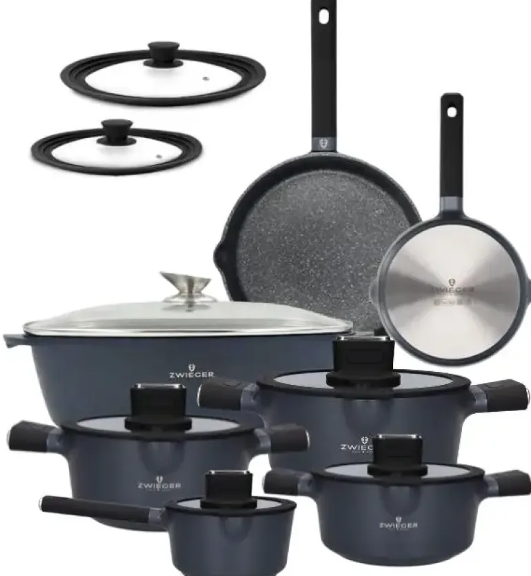 ZWIEGER VESNA Komplet garnków 6 el z pokrywkami 20, 24, 28 cm + Rondel 16 cm + Patelnie 20, 28 cm + Brytfanna VERON + Pokrywki silikonowe KAIA HOME