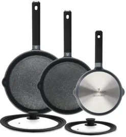 ZWIEGER VESNA Komplet 3 garnków z pokrywkami + Rondel 16 cm + Patelnie 20, 24, 28 cm + Brytfanna VERON + Pokrywki silikonowe KAIA HOME