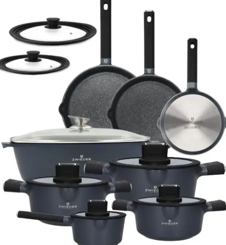 ZWIEGER VESNA Komplet 3 garnków z pokrywkami + Rondel 16 cm + Patelnie 20, 24, 28 cm + Brytfanna VERON + Pokrywki silikonowe KAIA HOME