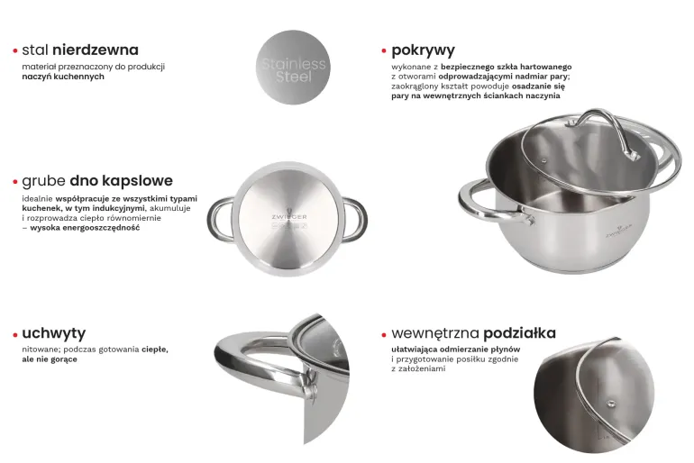 ZWIEGER VIRTU Komplet 3 garnki z pokrywkami + 3 patelnie nieprzywierające + brytfanna VERON