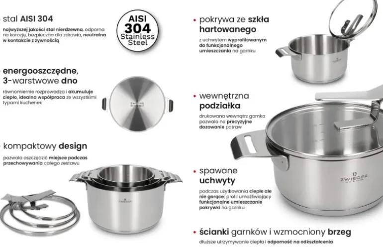 ZWIEGER VISIONARY Komplet 3 garnki z pokrywkami 16, 20, 24 cm / stal nierdzewna / indukcja